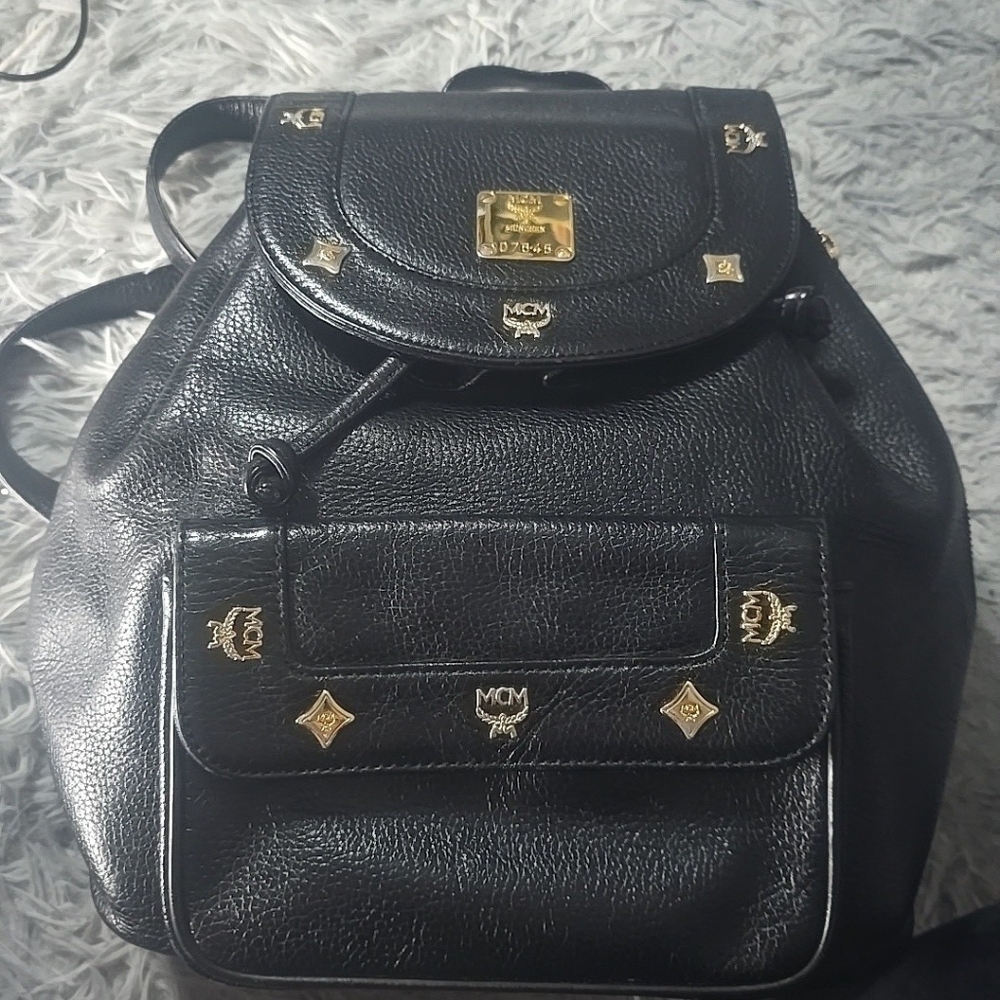 MCM Black Leather Logo Studded Backpack with Gold Hardware comes with COA - Picture 5 of 16